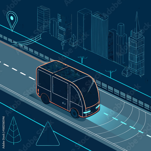 Isometric illustration of a self-driving shuttle bus navigating a city road at night, showcasing futuristic transportation technology