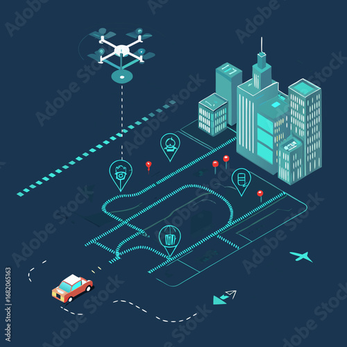 Isometric illustration of a drone delivering packages across a city map, featuring a car and buildings, with a teal color scheme and