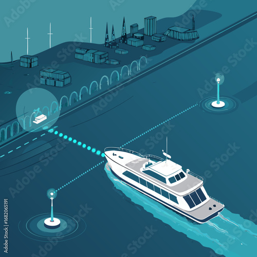 Isometric illustration of a yacht navigating a waterway, guided by smart buoys, near a city skyline at dusk with teal color scheme.