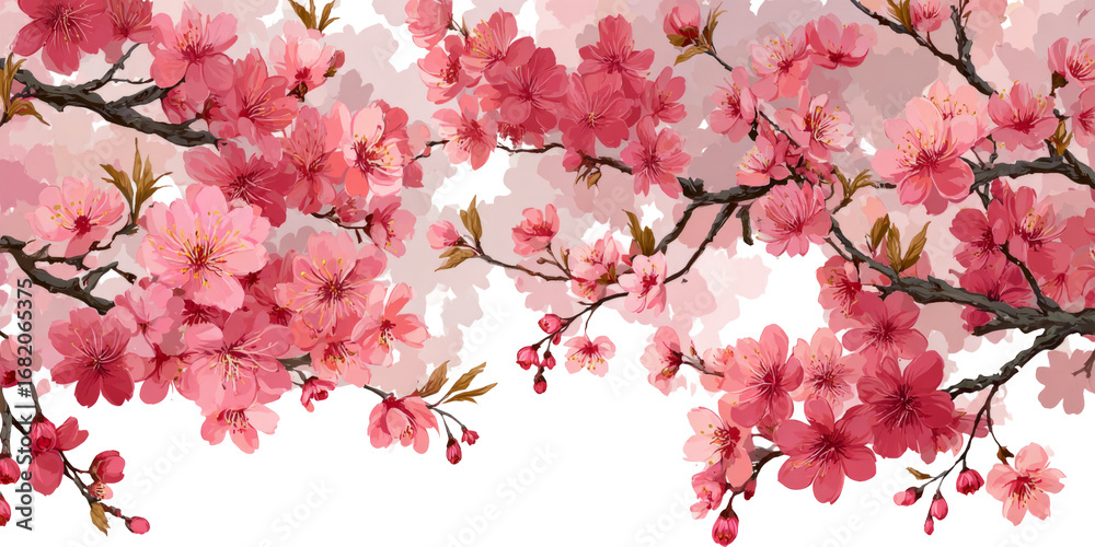 Fototapeta premium Elegant Cherry Blossom Branches with Pink Flowers and Delicate Leaves on Transparent Background