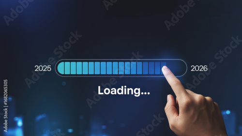 Hand touching loading progress bar with 2026 year, symbolizing anticipation and progress towards future goals and technological advancements