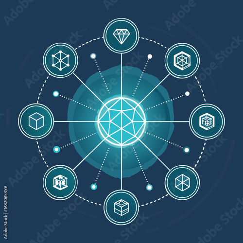 Flat lay image of a network of interconnected geometric shapes, showcasing a central node, in a cool blue palette against a dark