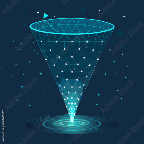 Abstract glowing blue funnel graphic, data visualization concept, network connection, polygonal wireframe design, against a dark