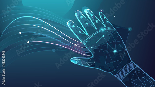Abstract illustration of a futuristic hand interacting with glowing data streams against a dark teal background, showcasing a