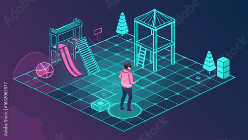 Isometric illustration of a person wearing a VR headset exploring a virtual playground with neon-colored structures against a dark