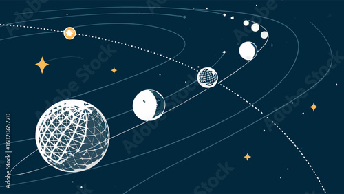 Stylized illustration of a solar system with planets orbiting a star, shown in a dark blue palette with white line art, offering a
