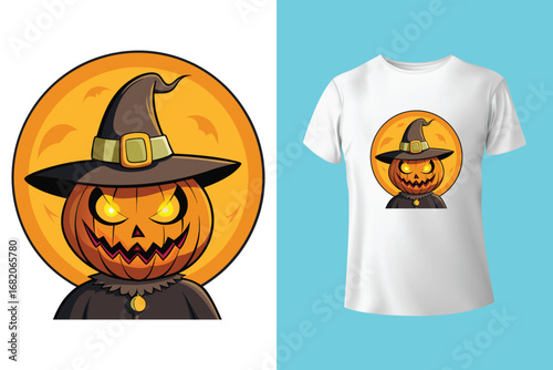 Black t shirt with happy halloween witch design in red and white colors