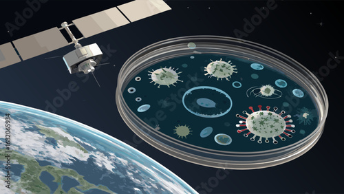 Digital illustration of various viruses in a petri dish orbiting Earth, viewed from space, showcasing a detailed, scientific, and