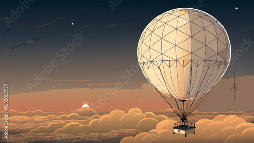 A hot air balloon floats serenely above a sunset cloud layer,  illustrated in a warm, vintage style against a twilight sky, showcasing