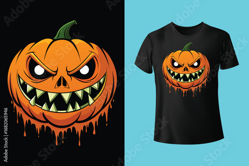 Black t shirt with happy halloween witch design in red and white colors
