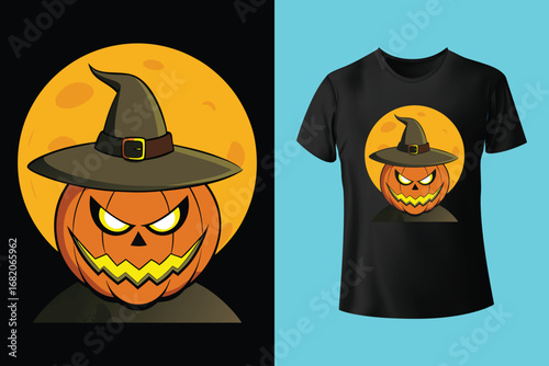 Black t shirt with happy halloween witch design in red and white colors