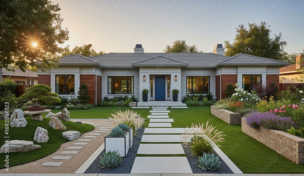 Fototapeta premium a luxurious, modern single-family home with an elaborately landscaped front yard