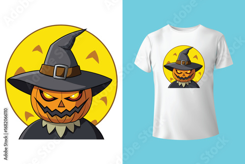 Black t shirt with happy halloween witch design in red and white colors