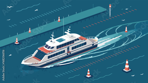 Isometric illustration of a passenger ferry boat navigating a channel, leaving a wake, with navigational buoys and a dock in the