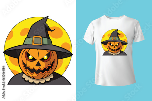 Black t shirt with happy halloween witch design in red and white colors