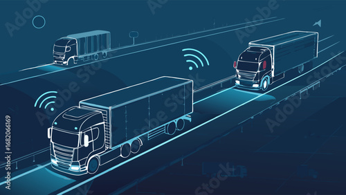Three self-driving trucks communicating wirelessly on a highway, depicted in a futuristic digital illustration with cool blue tones