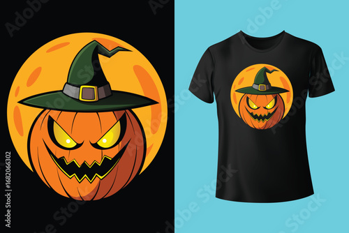 Black t shirt with happy halloween witch design in red and white colors