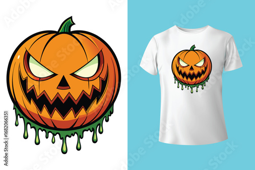 Black t shirt with happy halloween witch design in red and white colors