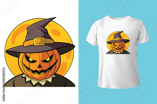 Black t shirt with happy halloween witch design in red and white colors
