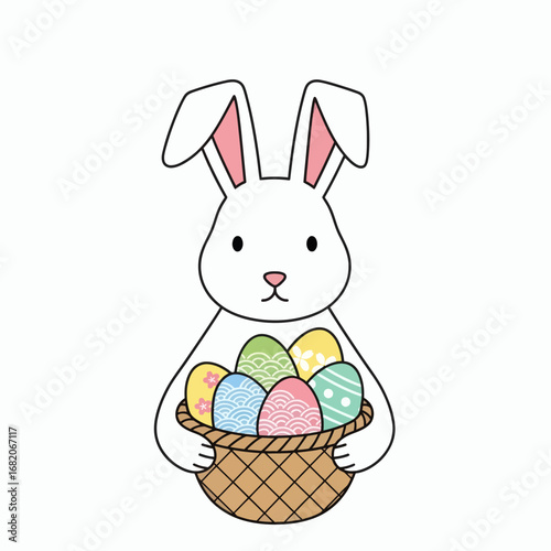 Cartoon white rabbit holding a brown woven basket filled with six colorful patterned Easter eggs