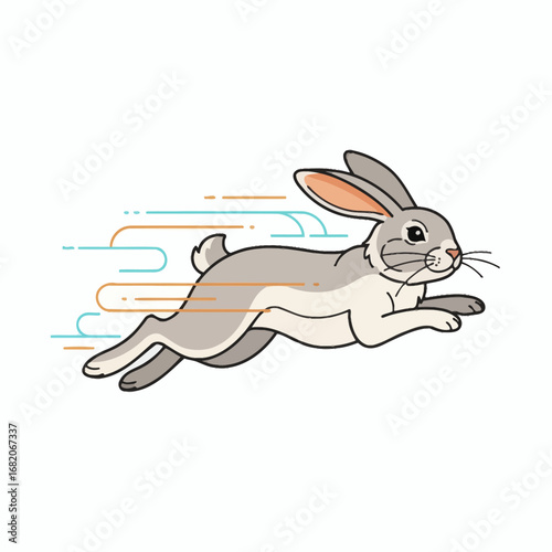 Illustration of a grey and white rabbit midjump with light blue and orange speed lines trailing behind it