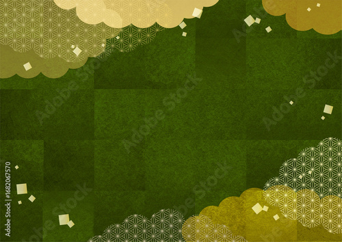 緑の和紙に日本の伝統的な和柄のテクスチャの背景素材。お正月、お歳暮、年賀状素材、緑茶、抹茶