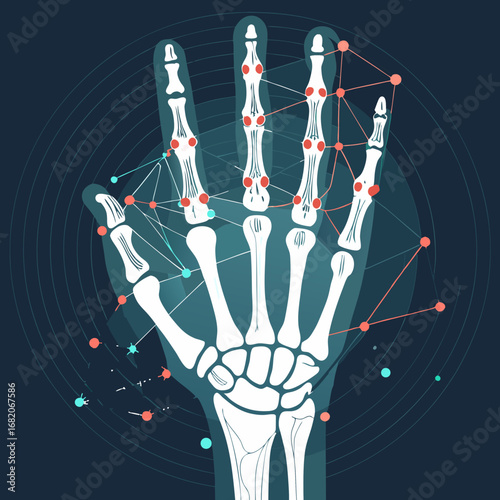 Stylized illustration of a human hand's skeletal structure overlaid with a network of interconnected nodes, showcasing a cool color