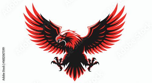 A powerful stylized eagle black body with red accents wings spread wide talons extended and beak open on a white background