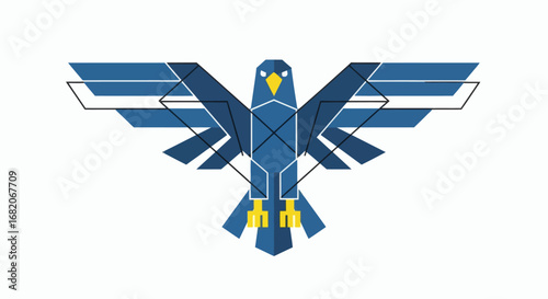 Geometric blue bird with spread wings yellow beak talons and black outline
