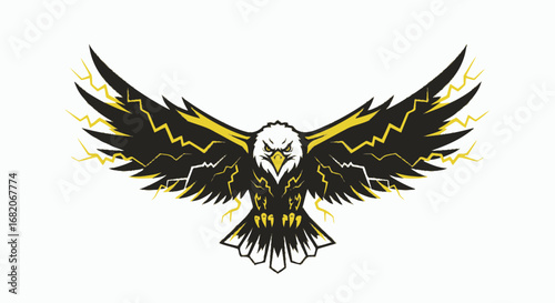 Stylized black and yellow eagle with outstretched wings and lightning bolt patterns on a white background facing forward