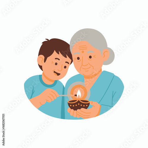 An elderly woman and a young boy lighting a traditional oil lamp with a small stick