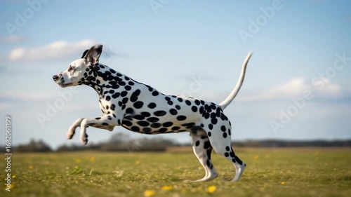 Energetic Dalmatian Dog Running and Jumping Freely in a Sunny Green Field
