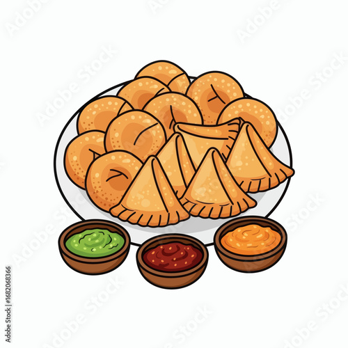 Illustration of a white plate piled with goldenfried round flat snacks and triangular samosas with three bowls of colorful sauces