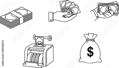 Financial and Money Line Art Vector Icon Set. Cash, Banking, and Business Concept. A bundle of banknotes, money bag, cash register, and hands with cash.