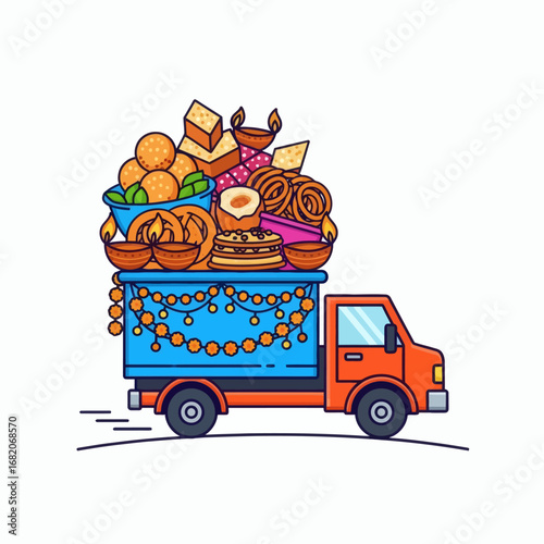 Orange truck carrying a festive load of Indian sweets snacks and illuminated diyas adorned with garlands