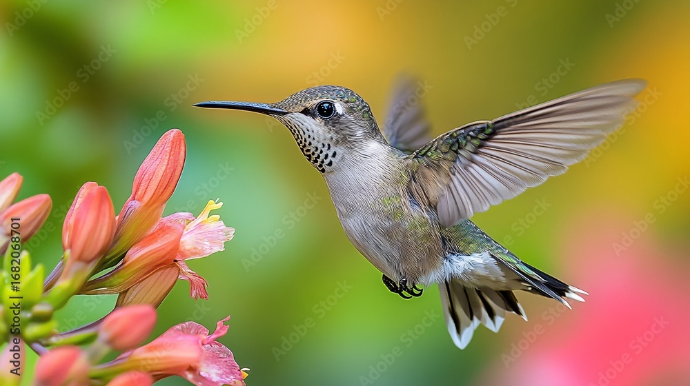 Fototapeta premium Hummingbird Near Blossoms, Vibrant Garden Setting