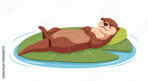 A cartoon brown otter with closed eyes rests on its back on a green lily pad floating in blue water with ripples