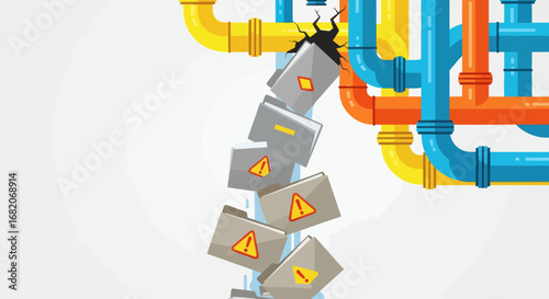 A cracked pipe leaks gray folders with warning icons from a network of colorful pipes on a light background