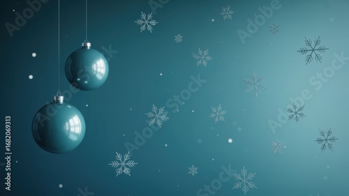 Festive blue christmas background with hanging ornaments and snowflakes for a holiday celebration and winter season greeting card