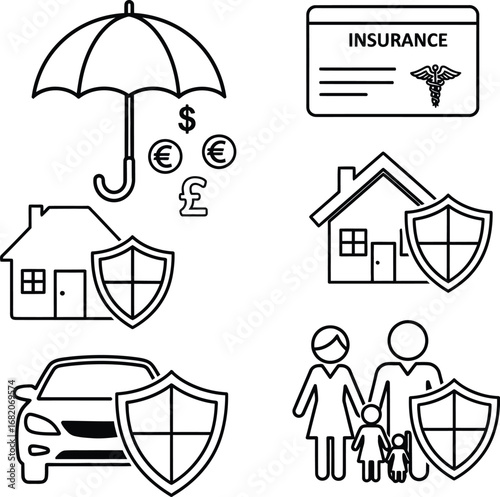 Insurance and Financial Protection Line Art Vector Illustration Set. Outline Icons of House, Car, Family, Umbrella, and Insurance Card. Concepts of Security and Coverage.