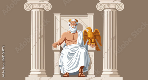 Bearded man in white toga golden wreath seated on throne with eagle flanked by Greek columns