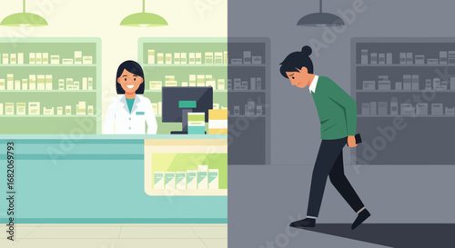 Bright pharmacy with smiling pharmacist dark side with sad male customer walking away from medicine shelves