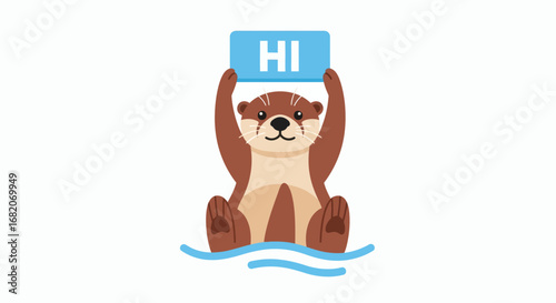 Brown otter in water holding a light blue sign with HI in white text looking forward with a smile
