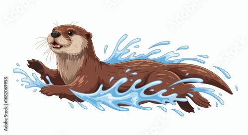 Brown cartoon otter with whiskers swimming and splashing in blue water smiling with an open mouth