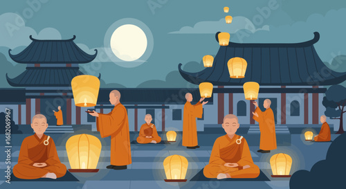 Buddhist monks in orange robes with sky lanterns at a temple under a full moon at night