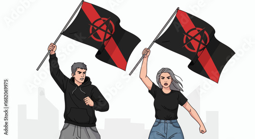 Cartoon man and woman hold black and red flags with starincircle symbols against a faint city skyline