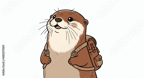 Cartoon otter with brown and cream fur wearing a brown backpack smiling against a plain white background