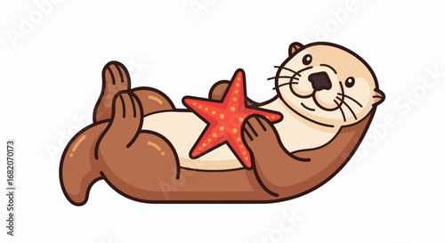 Cartoon otter lying on its back holding a red starfish on its cream belly against a white background