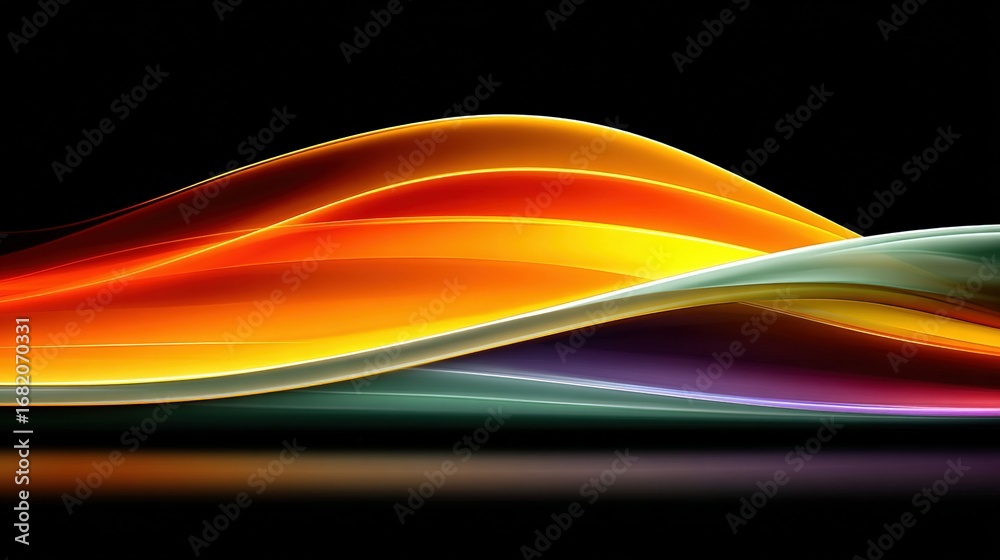 Fototapeta premium Abstract colorful wave pattern against a black background with reflection.