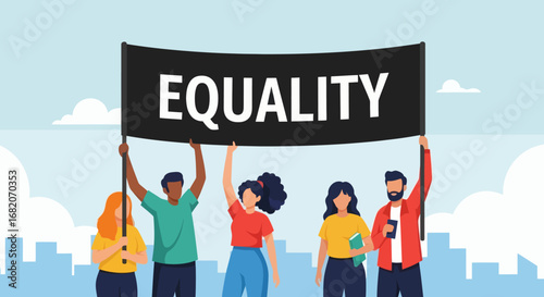 Diverse people hold a black EQUALITY banner against a city skyline and blue sky with clouds